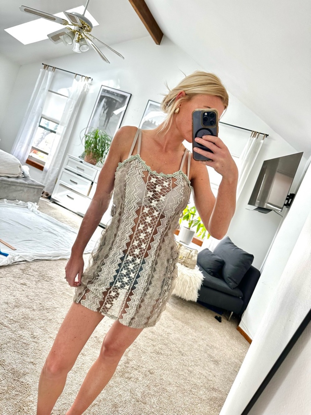 Pretty Angel Silk Blend Lace Slip Cami Dress— sheer taupe fairy grunge size L/XL - Picture 5 of 8